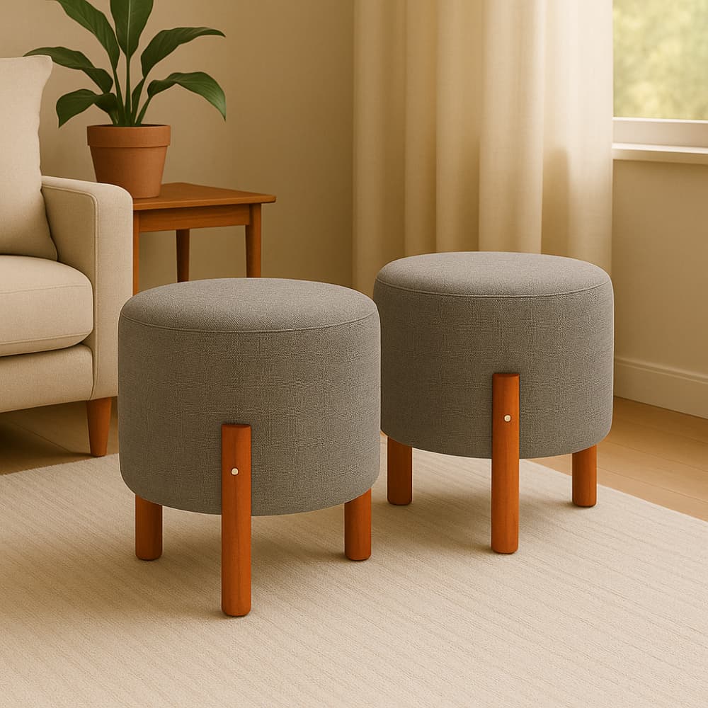 Kit 2 Puffs Zeus Banquinho Decorativo Redondo Linho Pés em Madeira Maciça - Amplishop