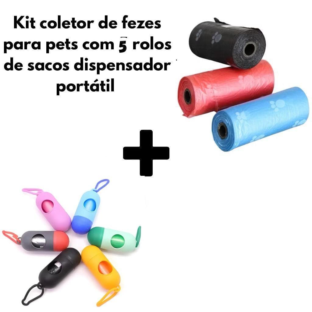 Kit Coletor de Fezes para Pets com 5 Rolos de Sacos – Dispensador Portátil Cata Caca