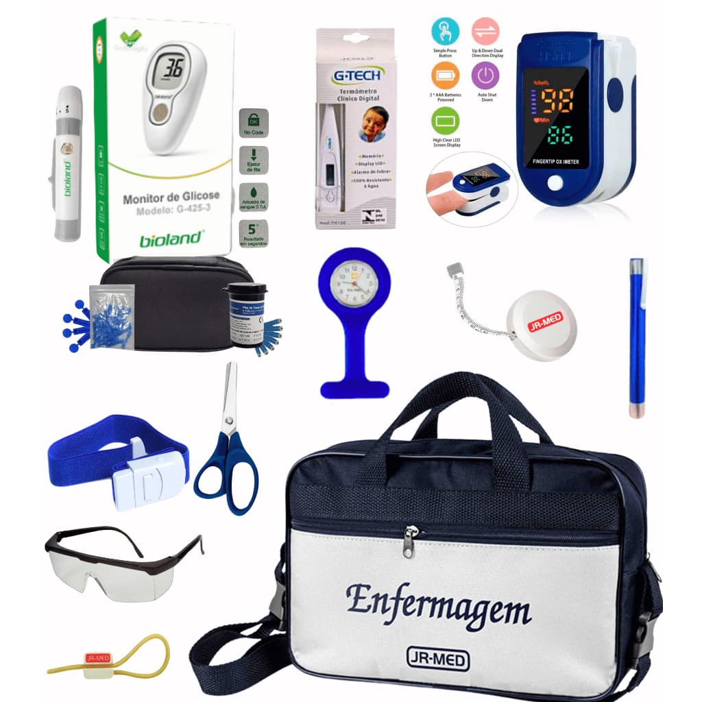 Kit Material Estágio Enfermagem Fisioterapia Medicina Cuidador + Oximetro + Medidor de Glicose + Bolsa