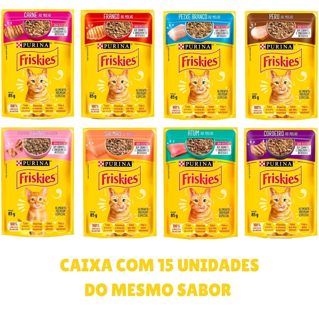 Kit 15 Unidades Raçao Úmida Sachê Gatos Friskies Carne Frango Atum Peixe Branco Cordeiro Salmão Peru