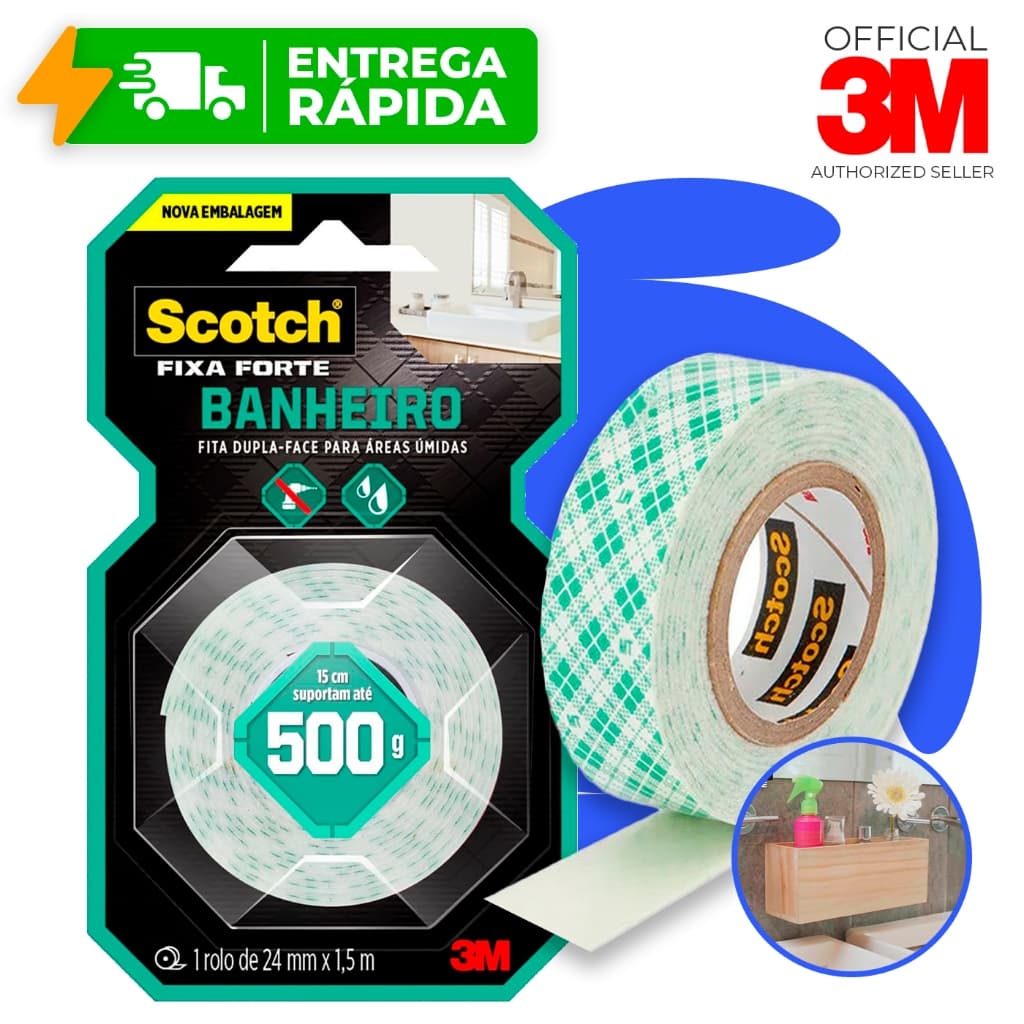 FITA DUPLA FACE 3M ORIGINAL SCOTH FIXA FORTE BANHEIRO 24MM X 1.5M NICHO ESPELHO AMBIENTE UMIDO