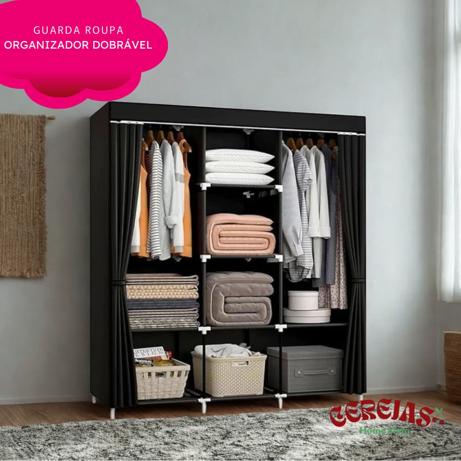 Guarda Roupa Portátil Dobrável com Zíper e Prateleiras - Organizador de Roupas