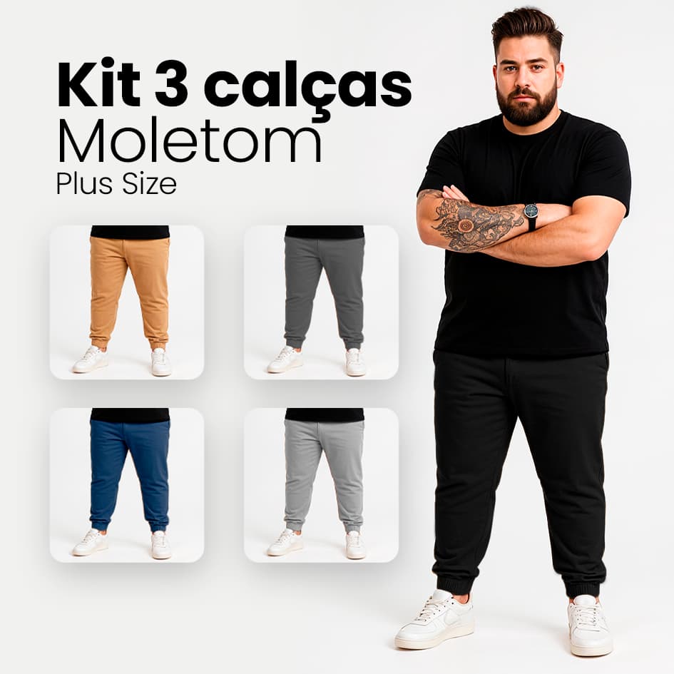 Kit 3 Calças Jogger Plus Size Moletom Masculina Premium, Bolsos Laterais - Moda Casual e Esportiva