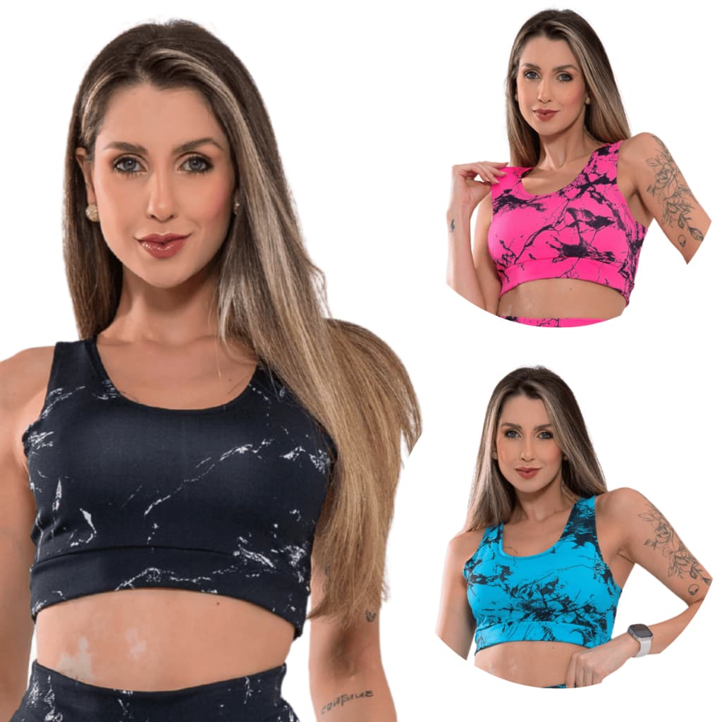 Kit 3 Top Marmorizado Feminino Cropped Fitness Sem Bojo Suplex Confortável