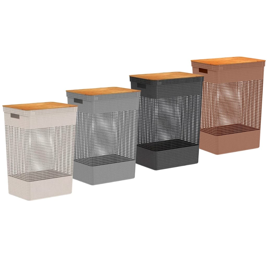 Cesto de Roupa Suja Grande Tampa Bambu Grid 49L CG455 - Ou