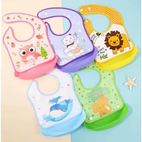 KIT 3 Babador Bebê Impermeável Silicone com Pegador de Migalhas Tamanho Ajustável