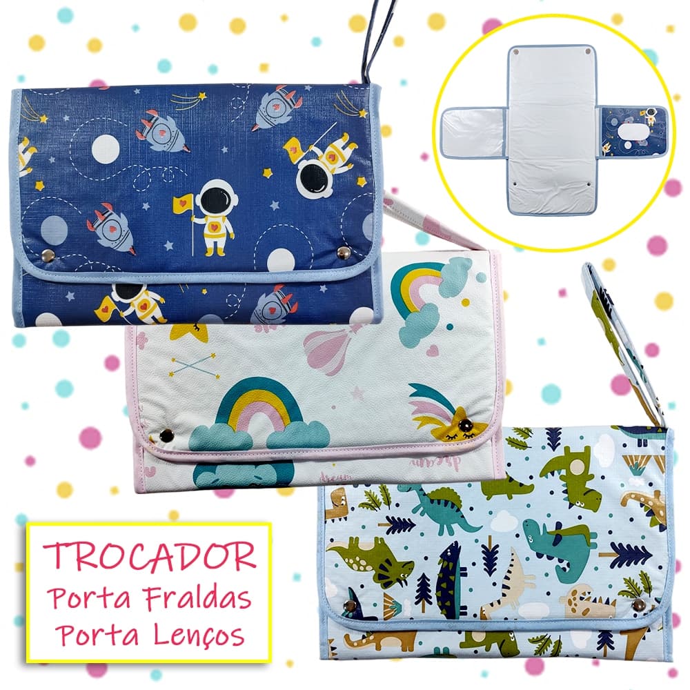 Trocador Impermeável Novo Portatil Porta Fraldas Lenço e Pomada Dino Astronauta Nuvem Menino Menina Bolsa Viagem Rosa