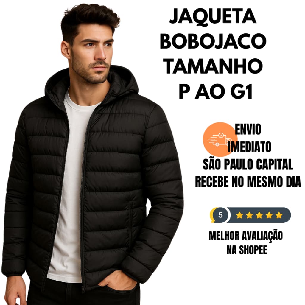 JAQUETA BOBOJACO PUFFER GOMINHO CASACO DE FRIO BLUSA DE FRIO MOTO INVERNO IMPERMIAVEL PRETA NEVE PRETA MASCULINO G G1