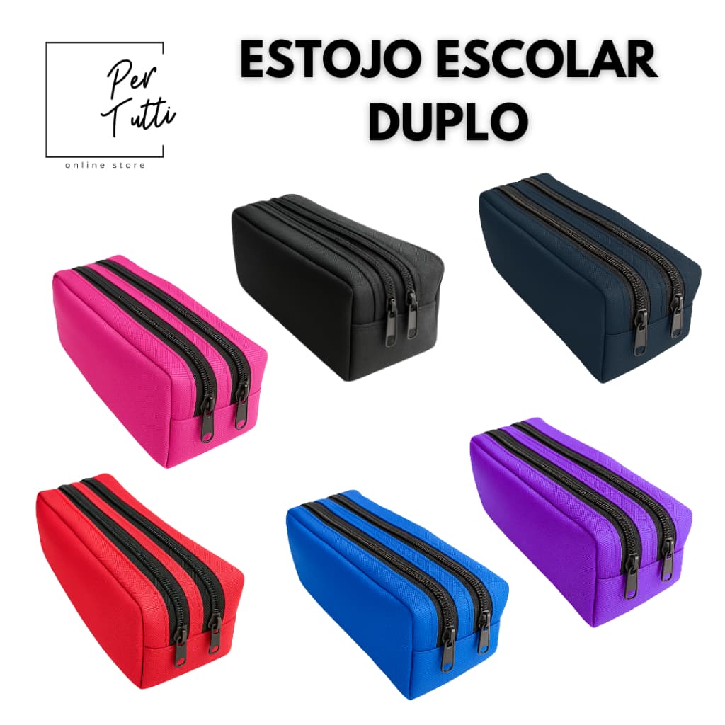 Estojo Escolar 2 Divisórias Zíper Duplo Diversas Cores Estojo Feminino e Masculino