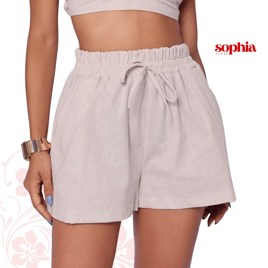 Short Bermuda Feminino Em Linho Cintura Alta Com Elástico Verão