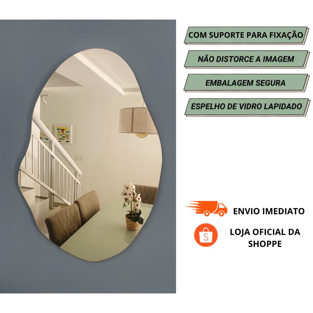 Espelho Decorativo Organico 60x40 Sala, Quarto e Banheiro com Suporte Luxo