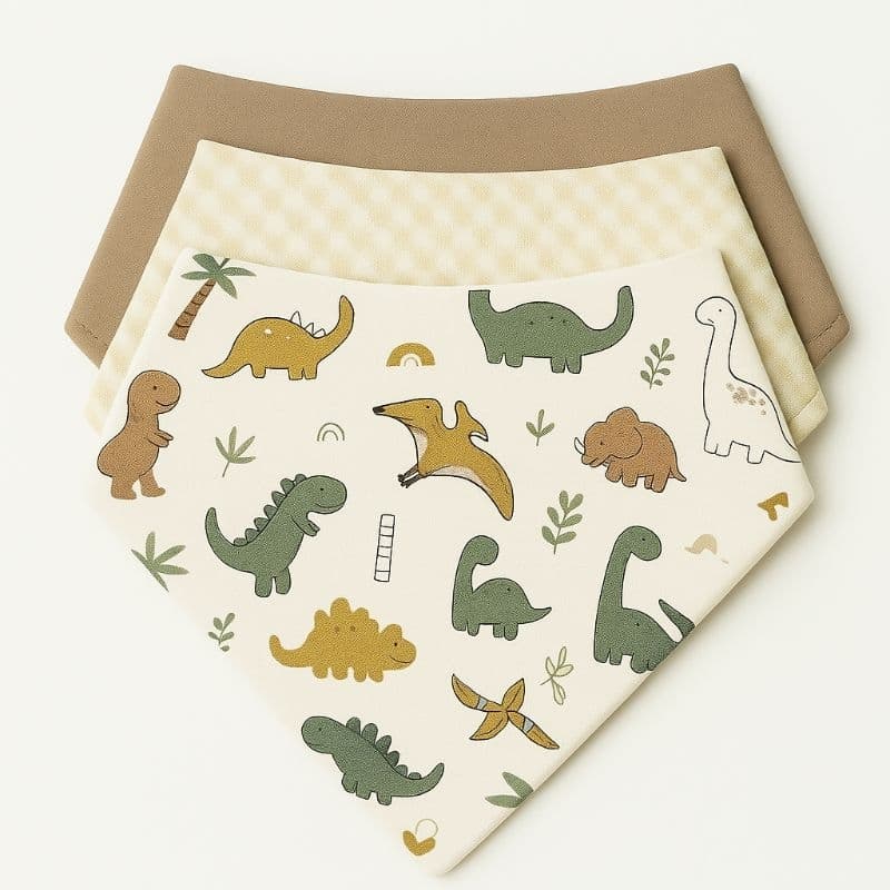 Kit com 3 Babador Bandana Bebê Menino 100% Algodão Dino dia a dia alimentação