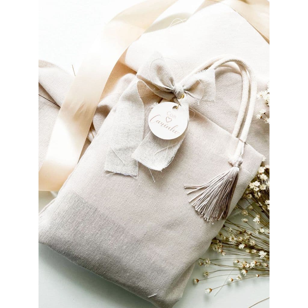 Kit 5 Sacolas de Linho com Laço Brinde Ecológico Sustentável para Lembrancinhas