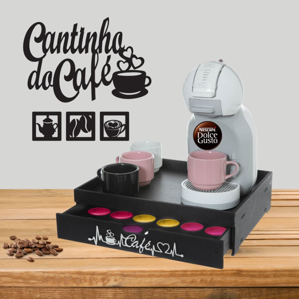 Bandeja Cantinho do Café Porta Capsulas Dolce Gusto Cômoda organizador grande suporte servir + KIT de Quadro Decorativo