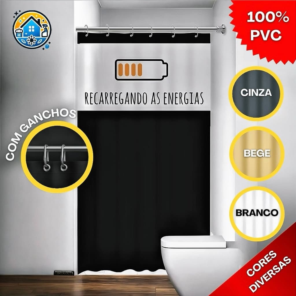 Cortina Box com Visor Recarregando Energia Para Banheiro Antimofo Resistente 100% PVC -Várias Cores - Envio Imediato