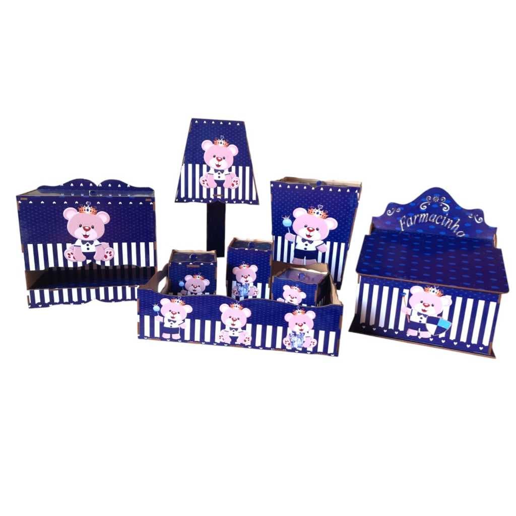 Kit Higiene Bebê Urso Rei Azul Marinho Adesivado 8 Peças Menino Presente Chá de Bebê