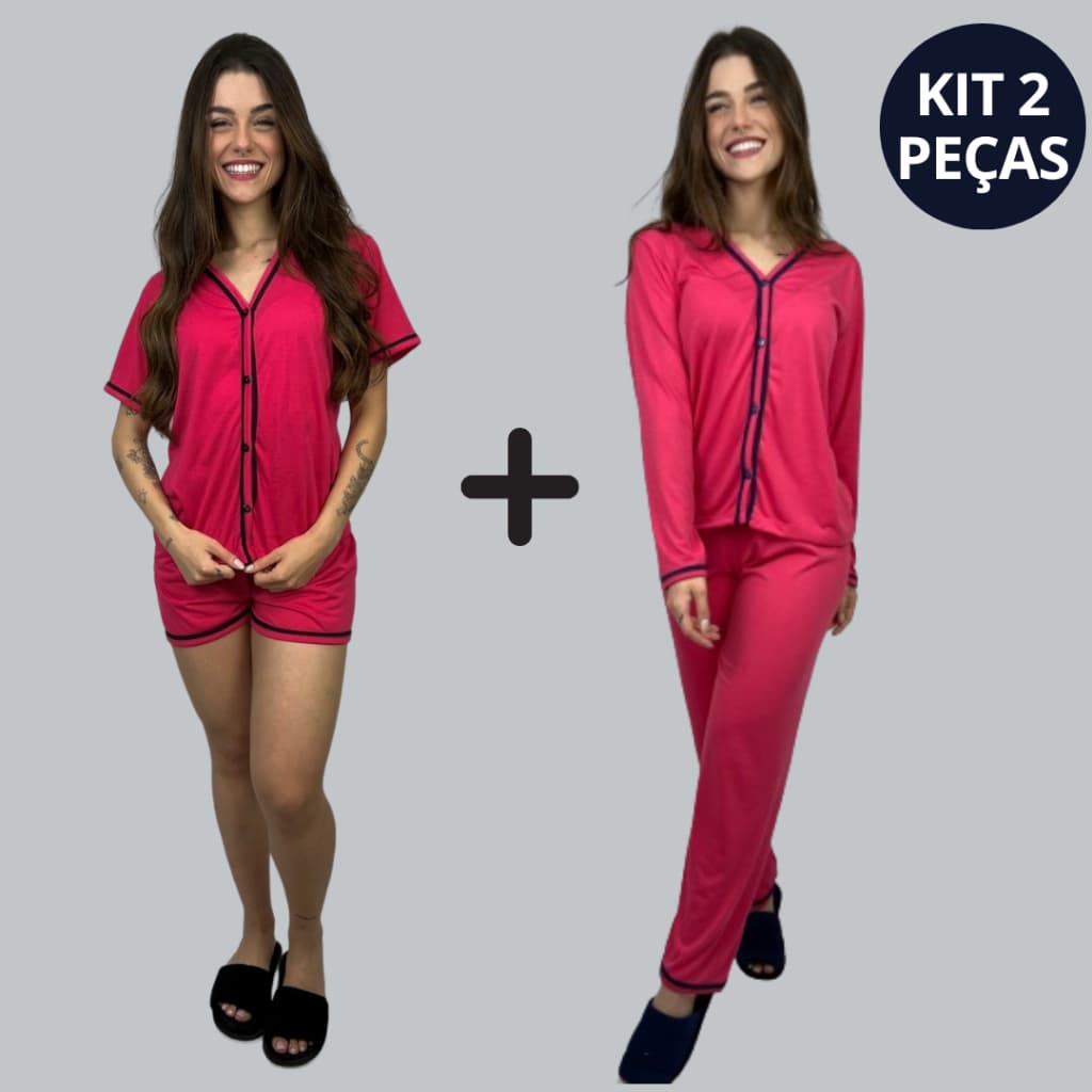 KIT 2 Pijamas de Botão Blogueirinha Amamentação Curto + Longo Cirúrgico