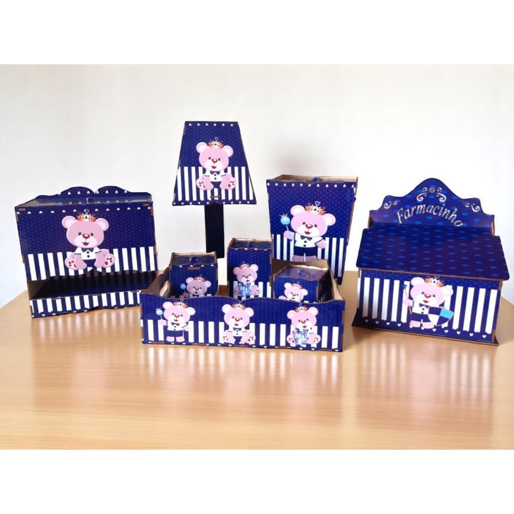 Kit Higiene Personalizado Urso Rei Azul Marinho Adesivado 8 Peças Bebê Menino Criança Presente