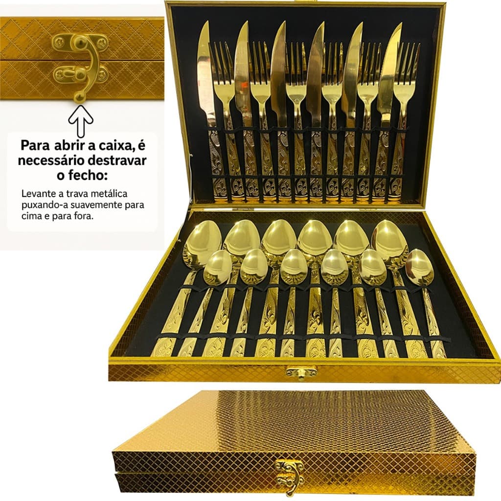 Conjunto Faqueiros Em Inox Dourado Com Maleta Kit 24 Peças De Faqueiros Jogo Talheres Barato