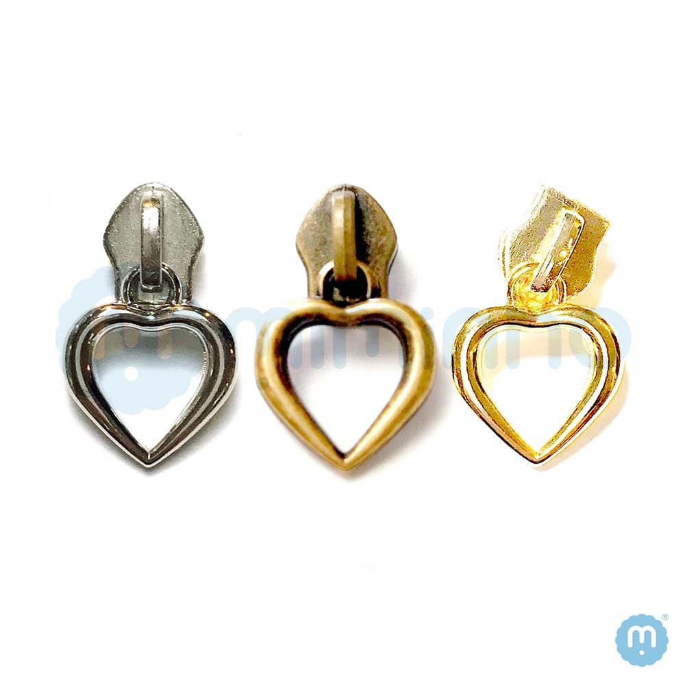 Cursor Para Zíper Nº 5 - Coração - PACOTES COM 5 e 10 PÇS - Niquelado, Ouro Velho e Ouro Cataforético