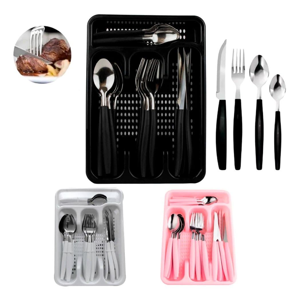 Jogo De Talheres inox Faqueiro Porta Talher Com 25 Peças Preto Branco E Rosa Oliver Home