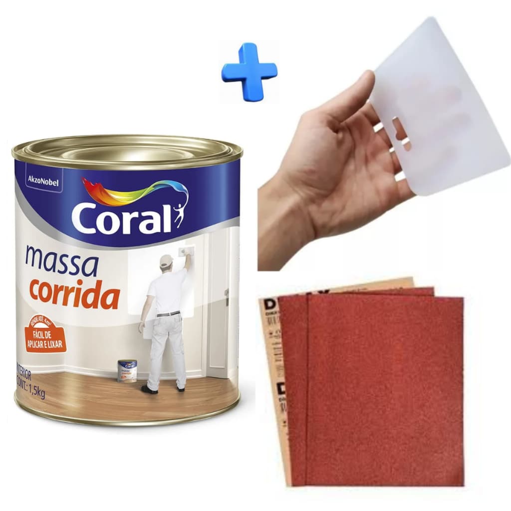 Massa Corrida Coral Pva 1,5 kg 1/4 900 ml Parede Fácil Aplicação 1 Lixa 3M 180 e 1 Espátula