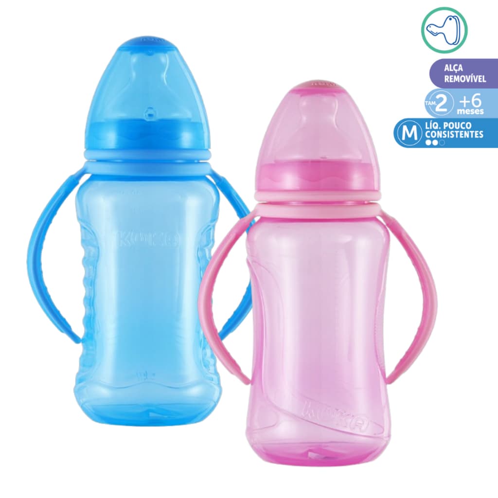 Mamadeira Ortodôntica Kuka com Alça Removível Válvula Anticolica Tampa Antivazamento 330 mL +6 meses