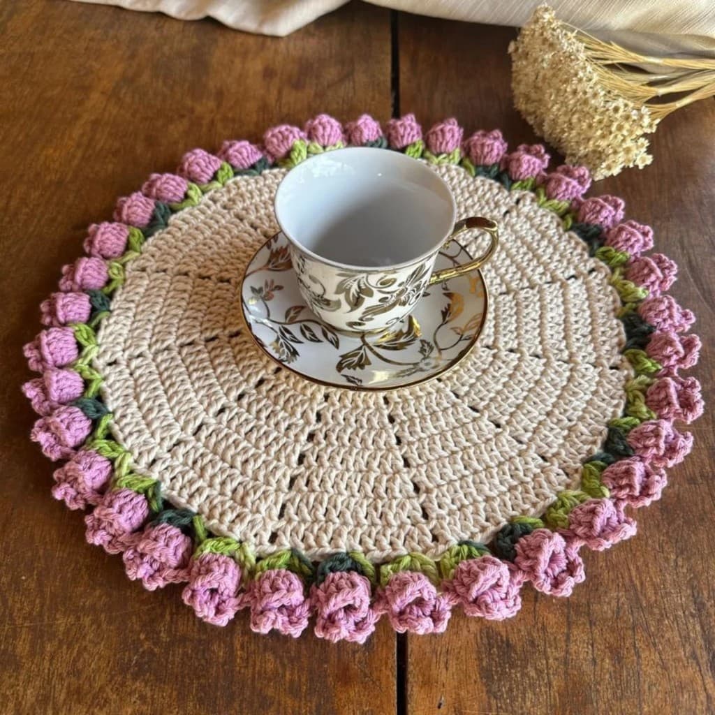 Sousplat Porta Copos Tulipas em Crochê Crochet Supla Suplat Flores Flor Decoração Cozinha Moda Casa