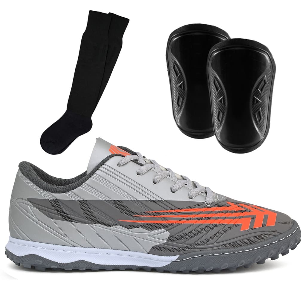 Kit Chuteira Society Adulto Juvenil Grama Sintética Resistente Solado Costurado + Meião e Caneleira