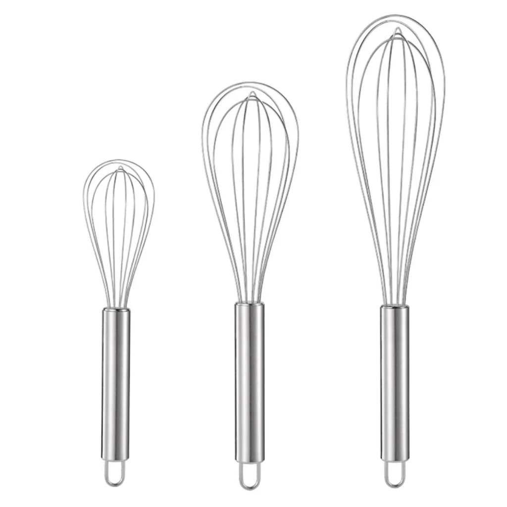 Kit 3 Fuet Fouet Batedor de Claras 3 tamanhos Profissional de Ovos Massa Bolo Aço Inox