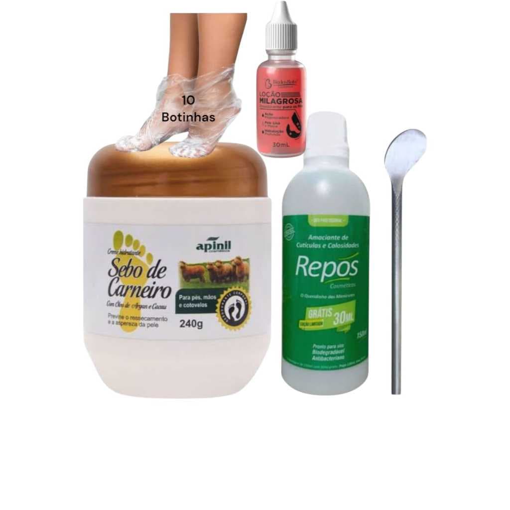 Spa dos Pés Repós - Amaciante  Calos 150ml + Espatula 222 +10 Botinhas+ loção Milagrosa+ Creme sebo carneiro argan 240gr