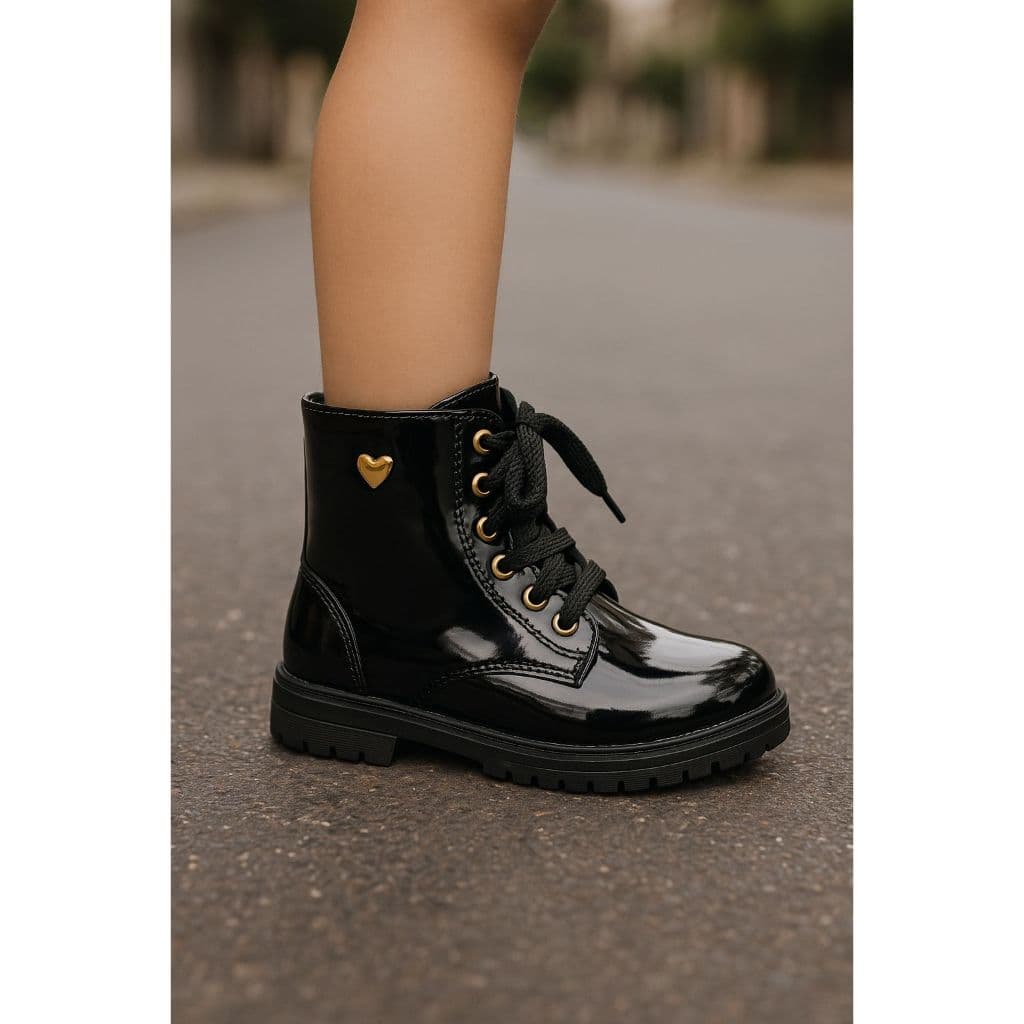 Bota Header Kids Verniz Coração Ouro Menina Coturno