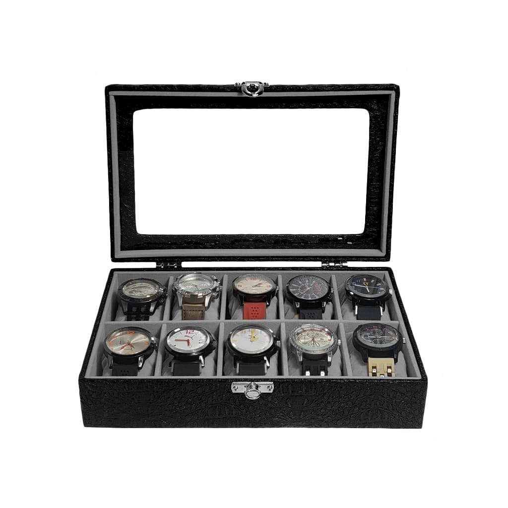Caixa Maleta Estojo Guarda 10 Relógios Preto Com Interno Aveludado Cinza