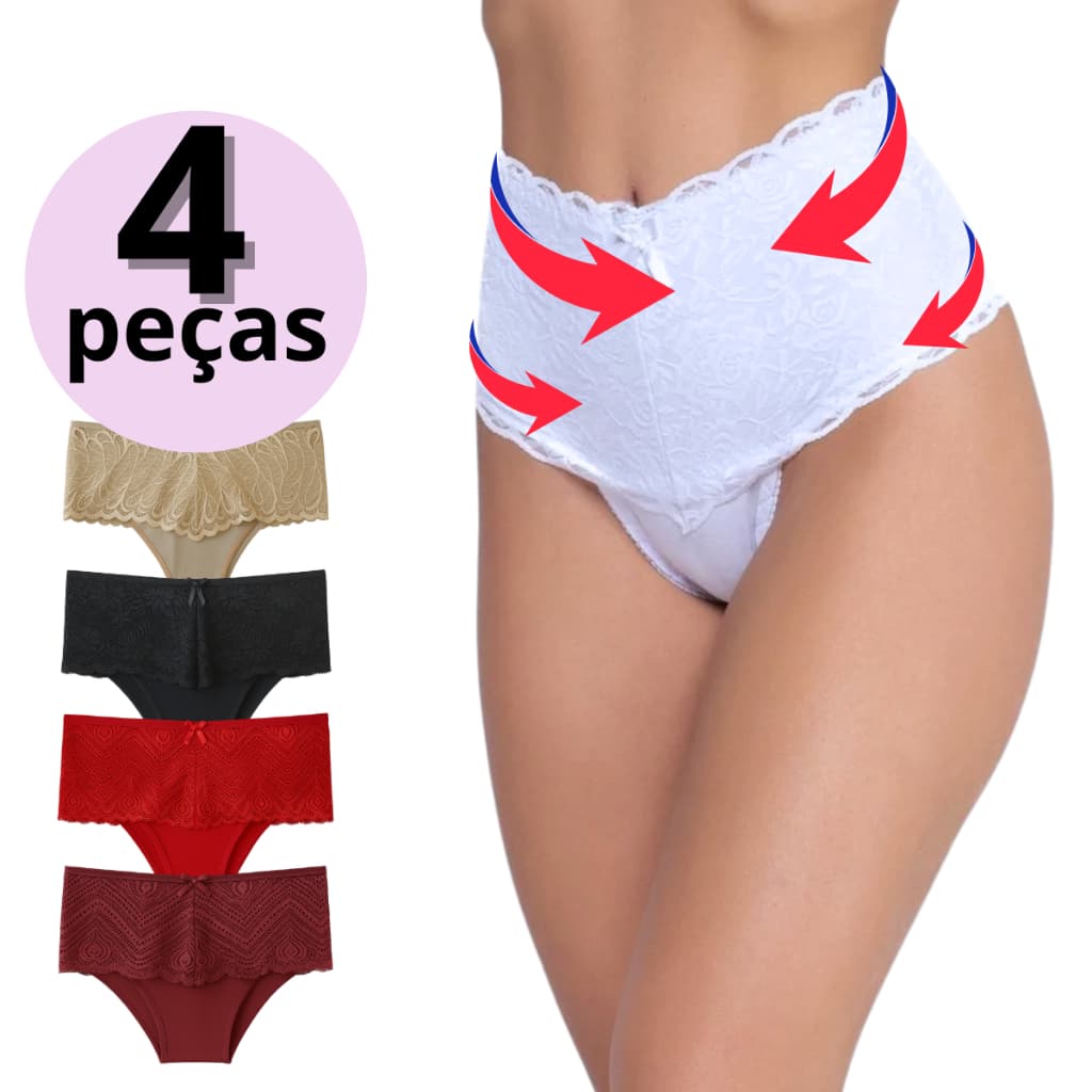 Kit 4 Calcinha Cintura Alta Modeladora Aperta Barriga Algodão e Renda