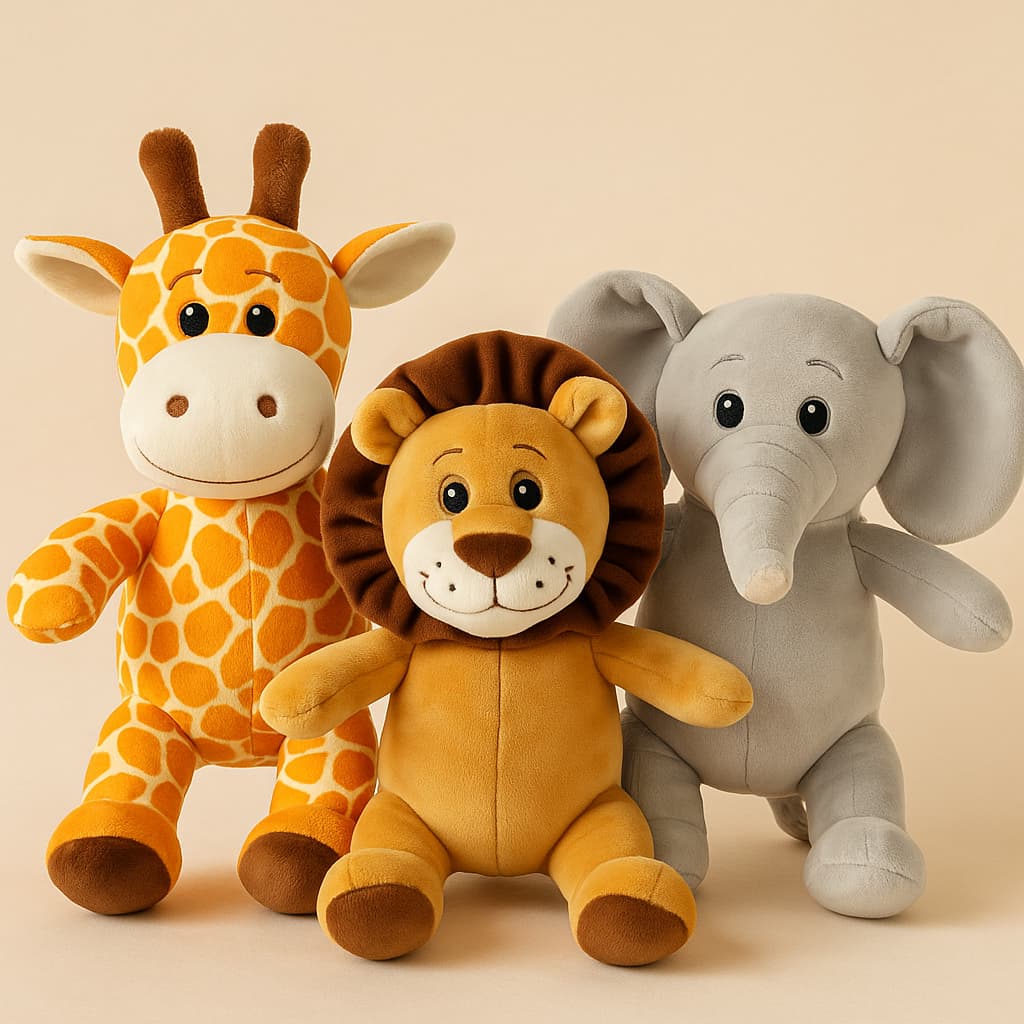 Trio de Pelúcia Safari – Girafa, Leão e Elefante