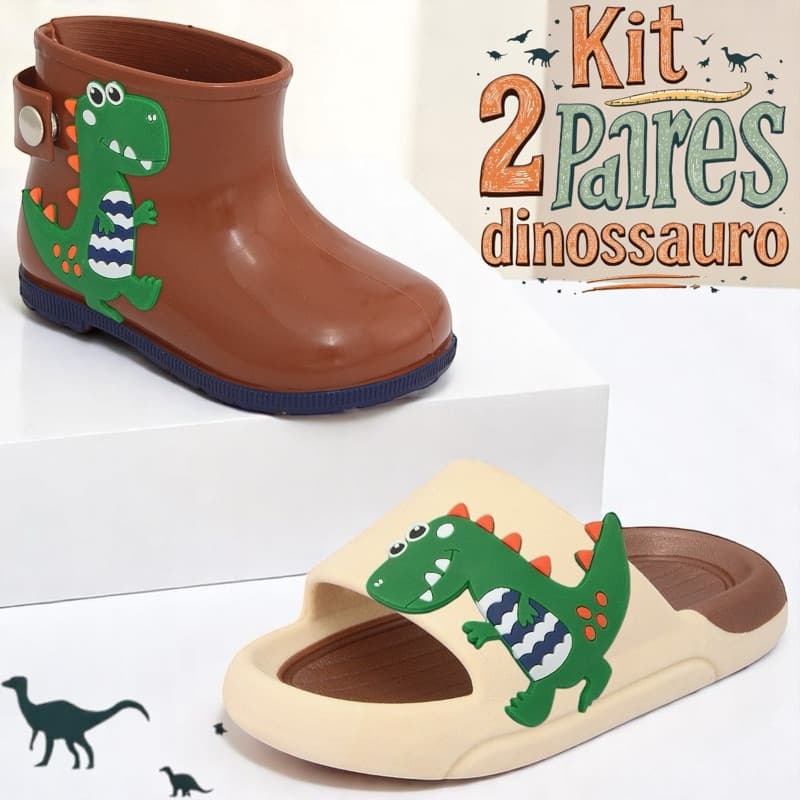 Kit bota galocha infantil menino com chinelo infantil masculino lançamento dinossauro