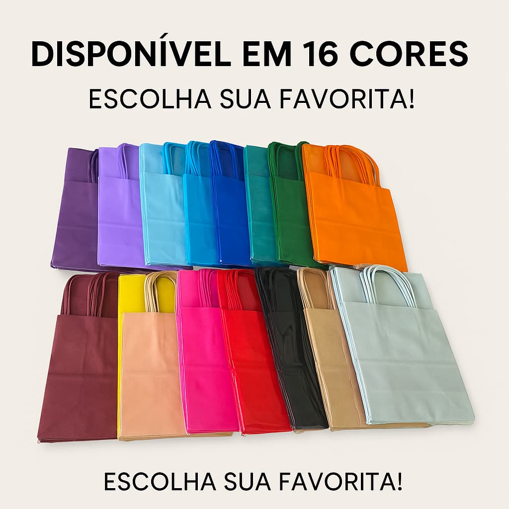 Sacola M Kraft Colorida com Alça Torcida – 17,5x8,5x21,5 cm | Kit com 10 ou 20 Unidades | 14 Cores