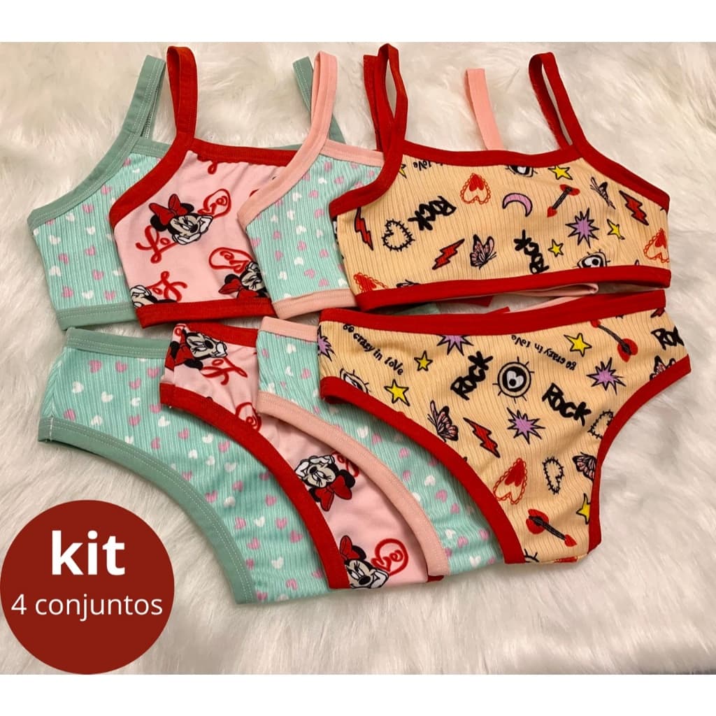 Kit 4 Conjuntos Infantil Menina Moça Top e Calcinha - Suede Estampado (1 a 12 anos)