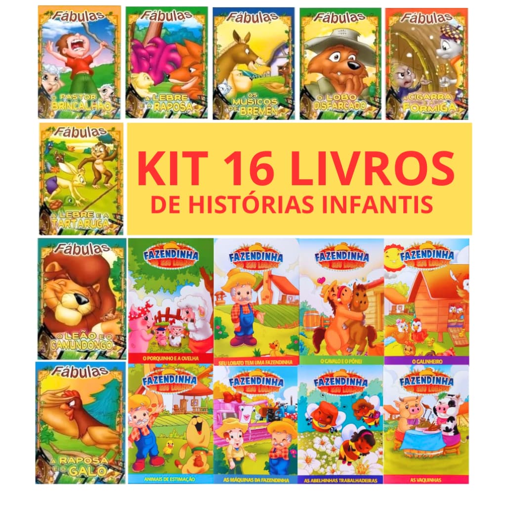 Kit 16 livros de Histórias Infantis - Fábulas - Fazendinha do Seu Lobato
