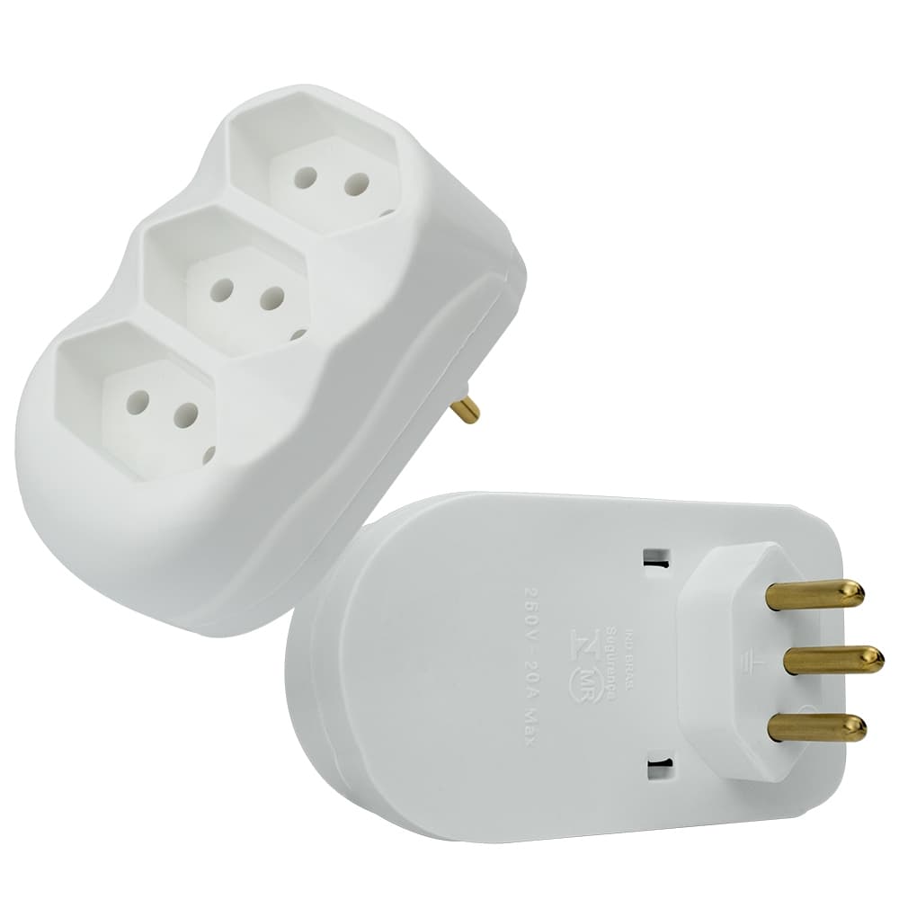 Benjamim Adaptador de Tomada Reto Tripolar 3 Saídas Tomada Tripla 2P+T 20A 250V Com Inmetro