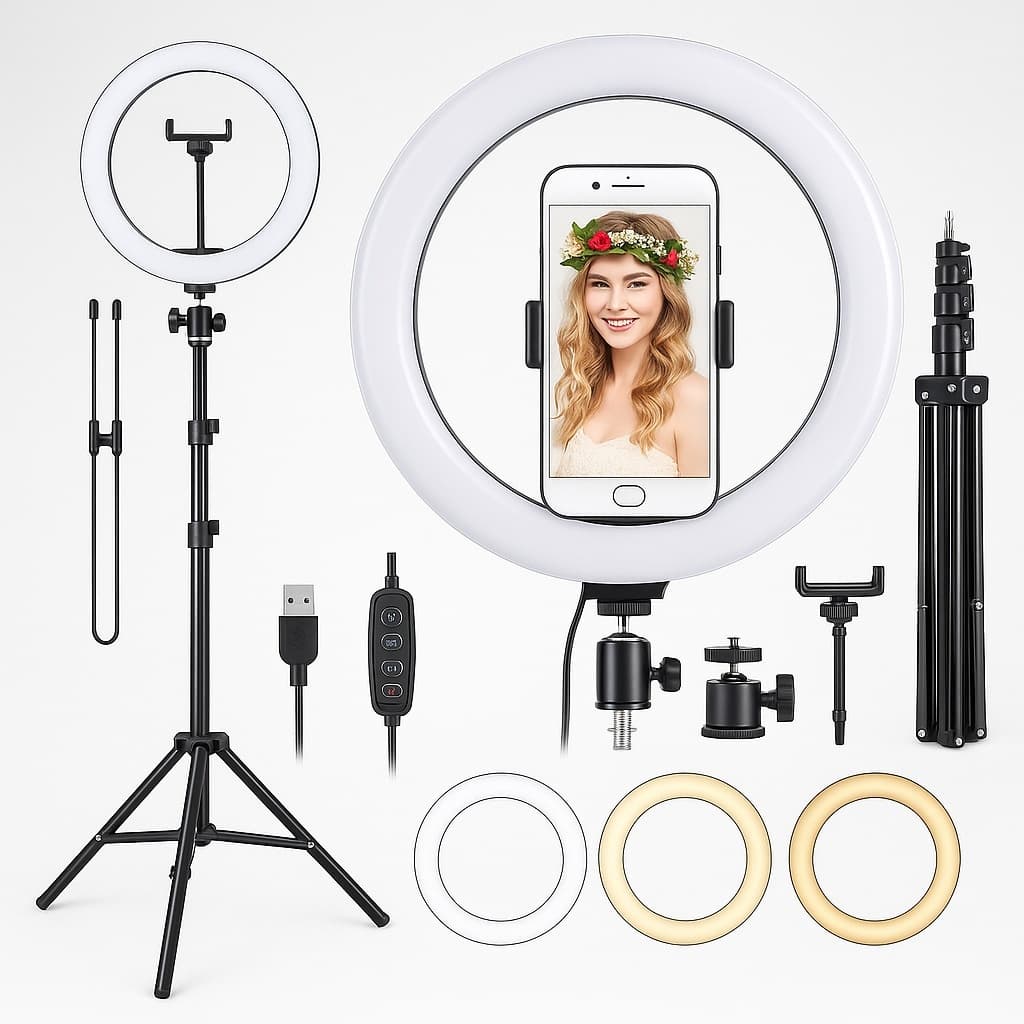 Ring Light 26cm com Tripé 2,1m e LED 3 Cores p/ Fotos, Vídeos, Maquiagem e Lives Profissionais