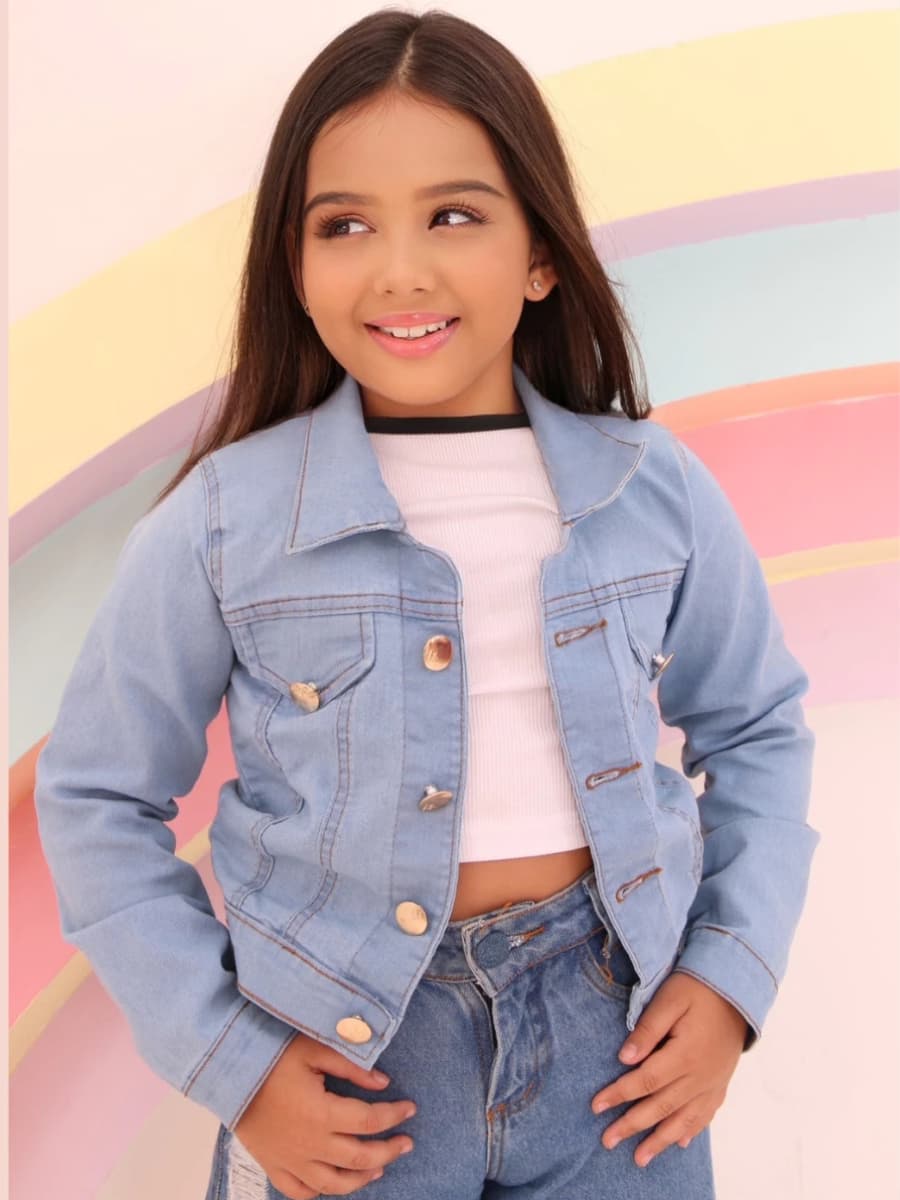 Jaqueta Jeans Feminina Infantil Com Elastano lycra Casaco Premium Blogueira Blusa de Frio.