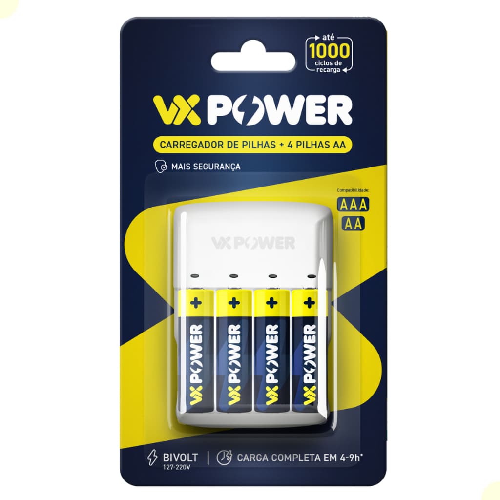 Carregador De Pilhas Vivensis Vx Power + 4 Pilhas Recarregáveis Bivolt com 2 anos de garantia