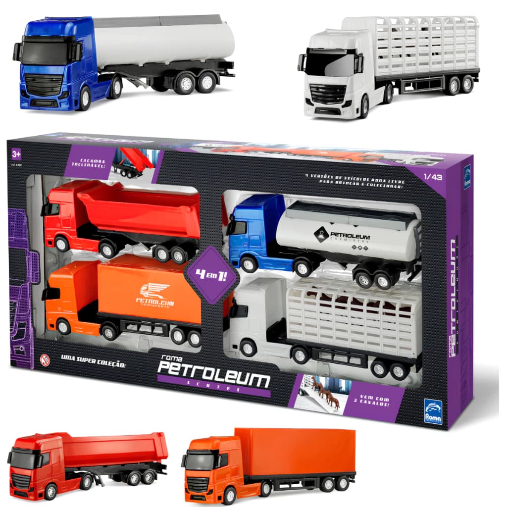 Kit 4 Em 1 Caminhão Baú Tanque Caçamba Haras Roma Brinquedos De Menino - Veículos Em Miniatura