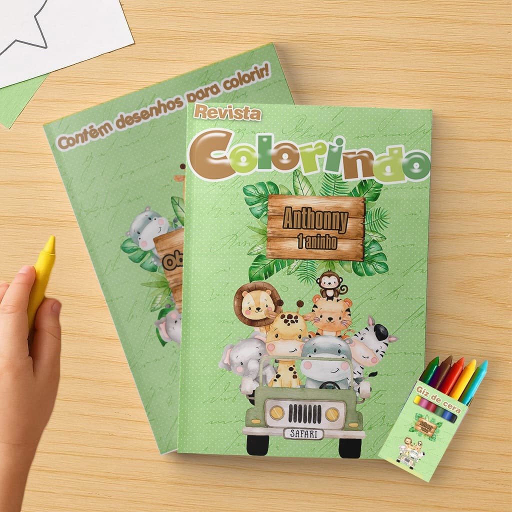 Kit Colorir E Giz De Cera Safari Personalizado lembrancinha 10x15