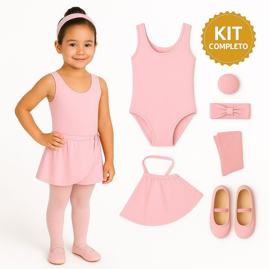 KIT PREMIUM Ballet Infantil 6 Itens Collant Regata + Saia Transpassada e Sapatilha Bailarina ROSA