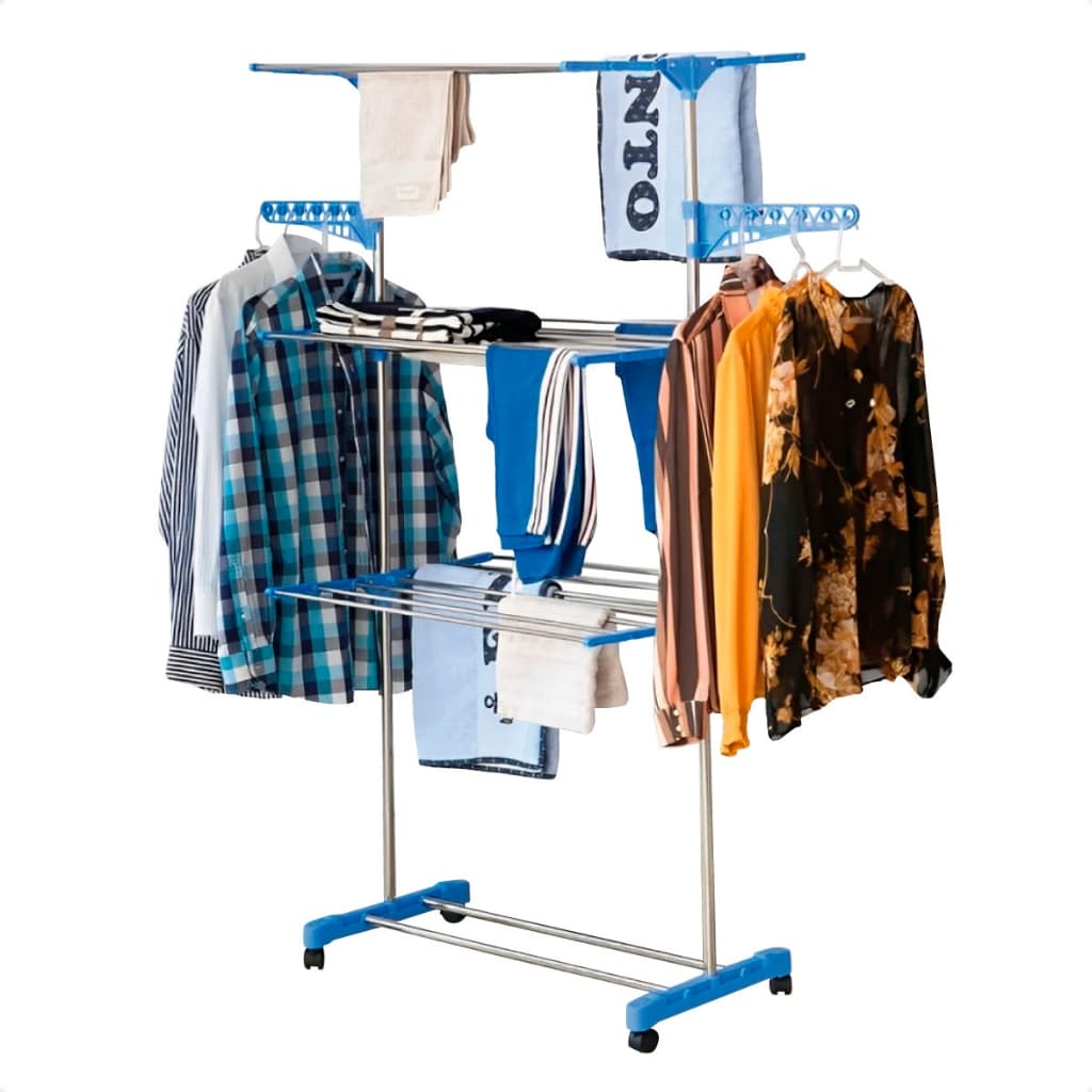 Varal de Chão Grande 3 Andares Regulável Dobrável Retrátil Organizador Roupas Ajustável Com Ganchos