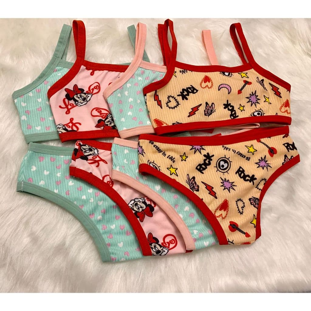 Kit 3 Conjuntos Infantil Menina Moça Top e Calcinha - Suede Estampado (1 a 12 anos)