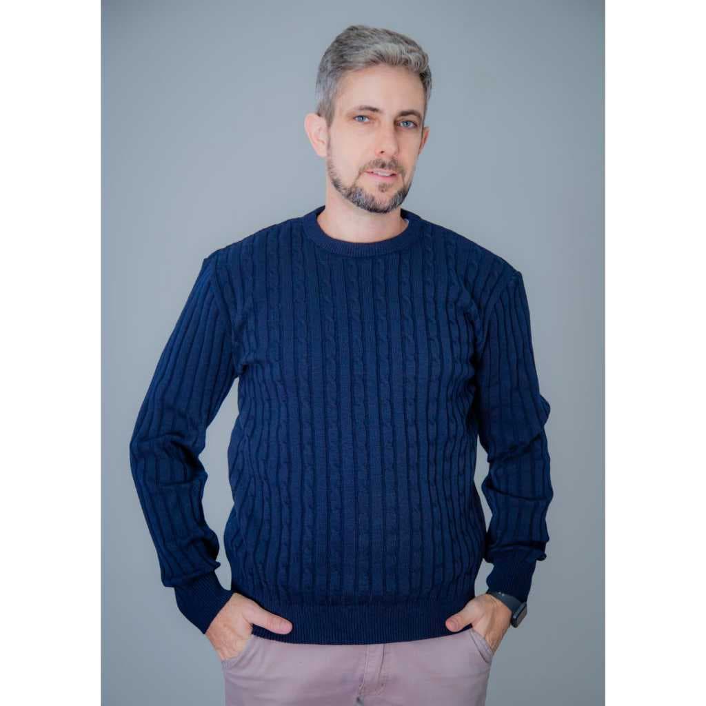 Suéter Masculino Tricô Blusa de Frio Gola Redonda Detalhes em Tranças Manga Longa