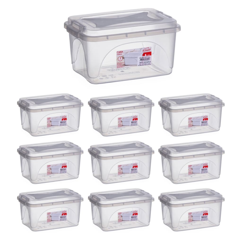 Kit 10 Caixas Organizadoras 3L Transparente Tampa com Trava Multiuso Brinquedos Cabos Livro